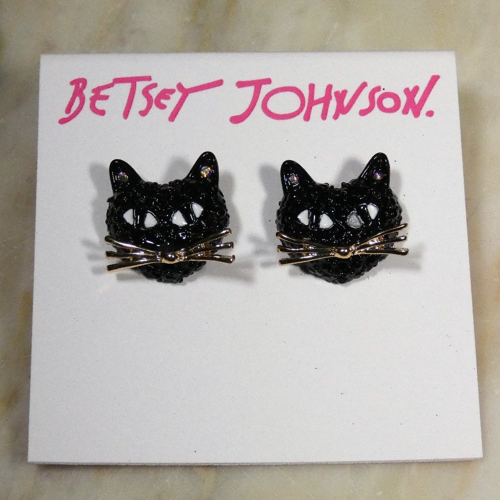 NWT cute, fun, sparkling, sophisticated Betsey Johnson Black Cat stud earrings - Picture 2 of 2